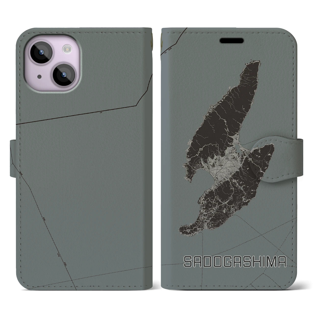 【佐渡島(新潟県)】地図柄iPhoneケース(手帳タイプ)モノトーン・iPhone 14 用