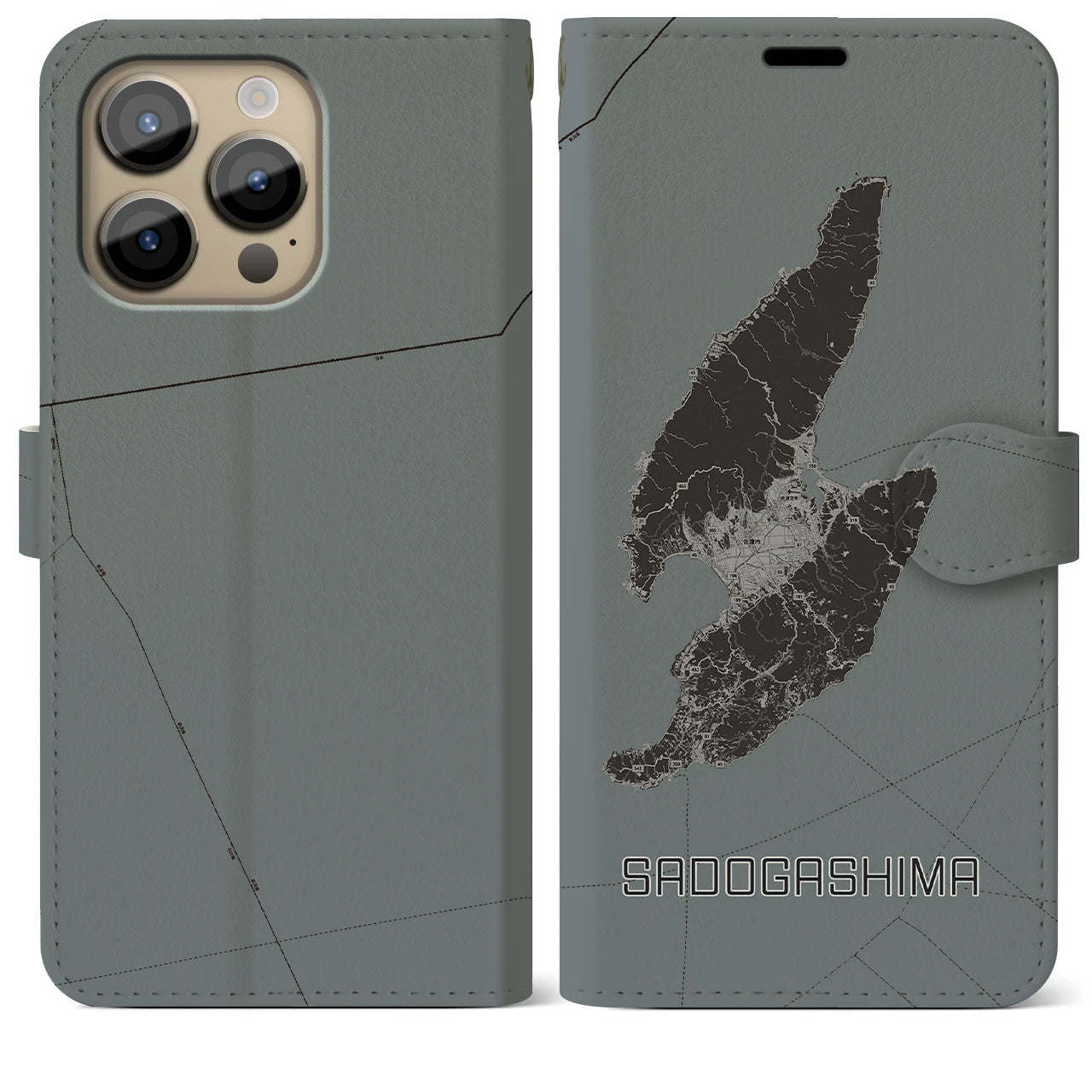 【佐渡島(新潟県)】地図柄iPhoneケース(手帳タイプ)モノトーン・iPhone 14 Pro Max 用