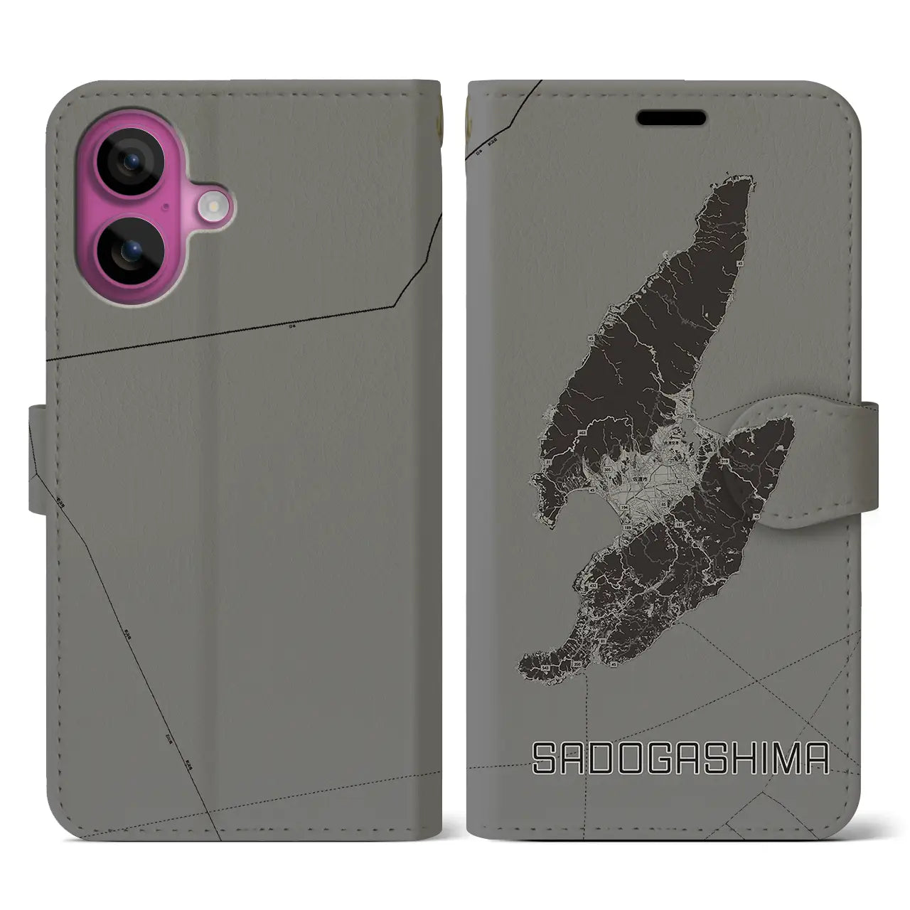 【佐渡島(新潟県)】地図柄iPhoneケース(手帳タイプ)モノトーン・iPhone 16 Pro 用