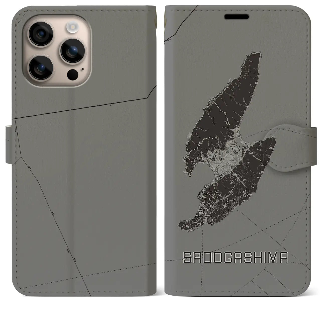 【佐渡島(新潟県)】地図柄iPhoneケース(手帳タイプ)モノトーン・iPhone 16 Plus 用