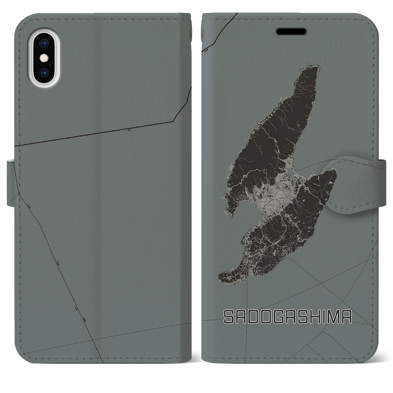 【佐渡島(新潟県)】地図柄iPhoneケース(手帳タイプ)モノトーン・iPhone XS Max 用