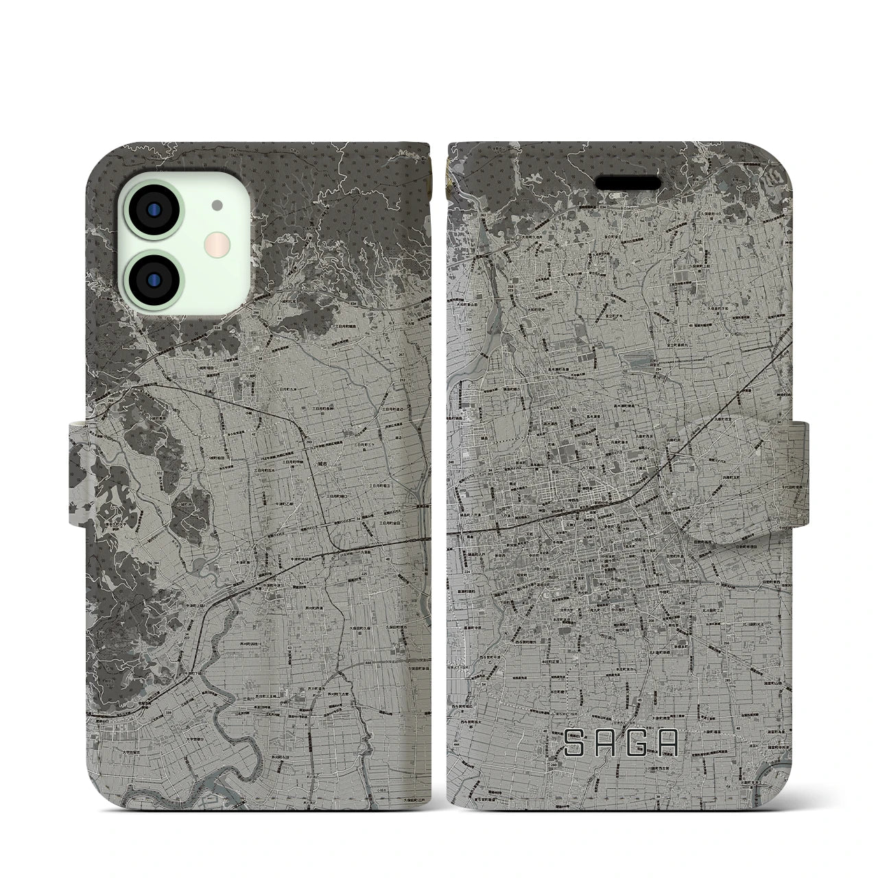 【佐賀2(佐賀県)】地図柄iPhoneケース(手帳タイプ)モノトーン・iPhone 12 mini 用