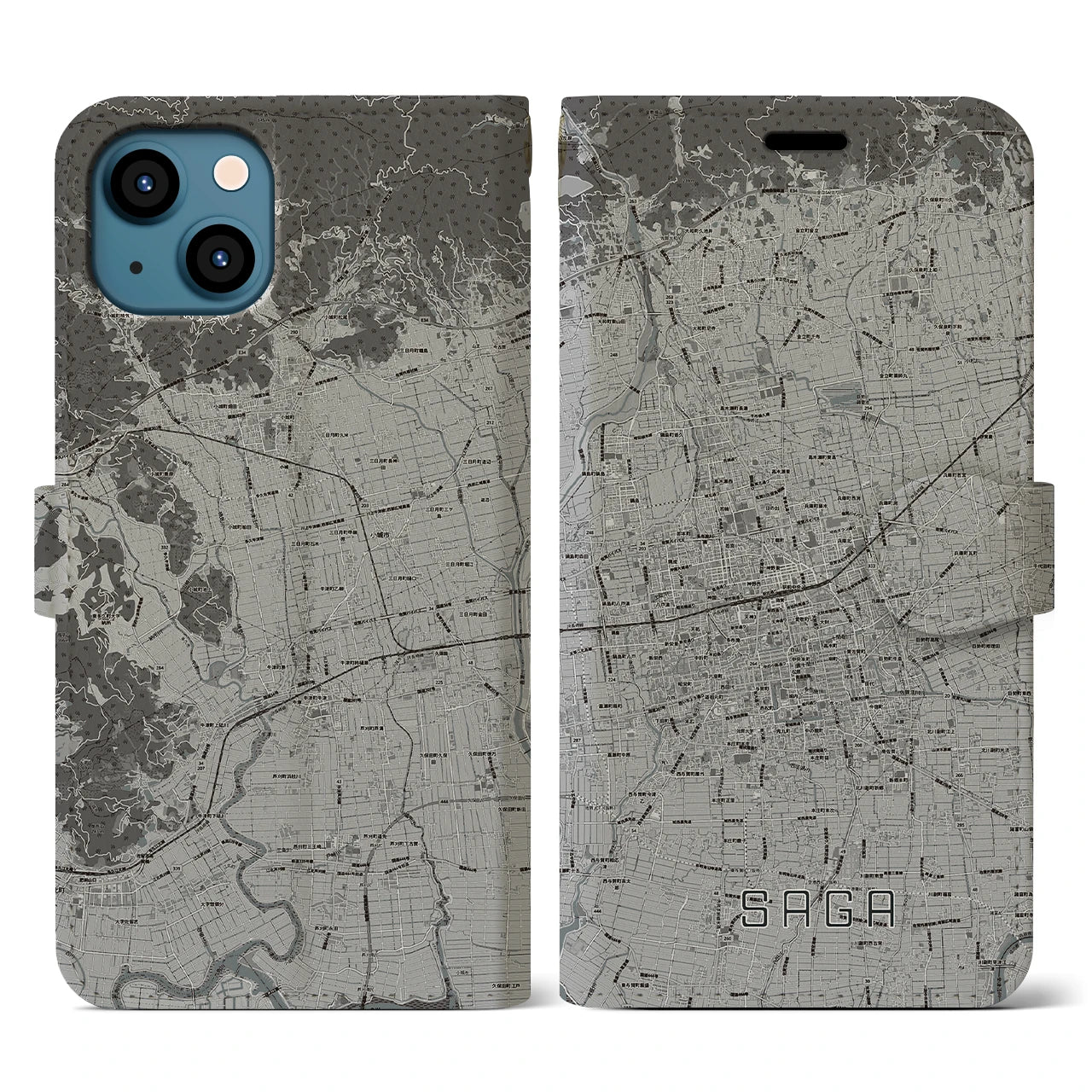【佐賀2(佐賀県)】地図柄iPhoneケース(手帳タイプ)モノトーン・iPhone 13 用