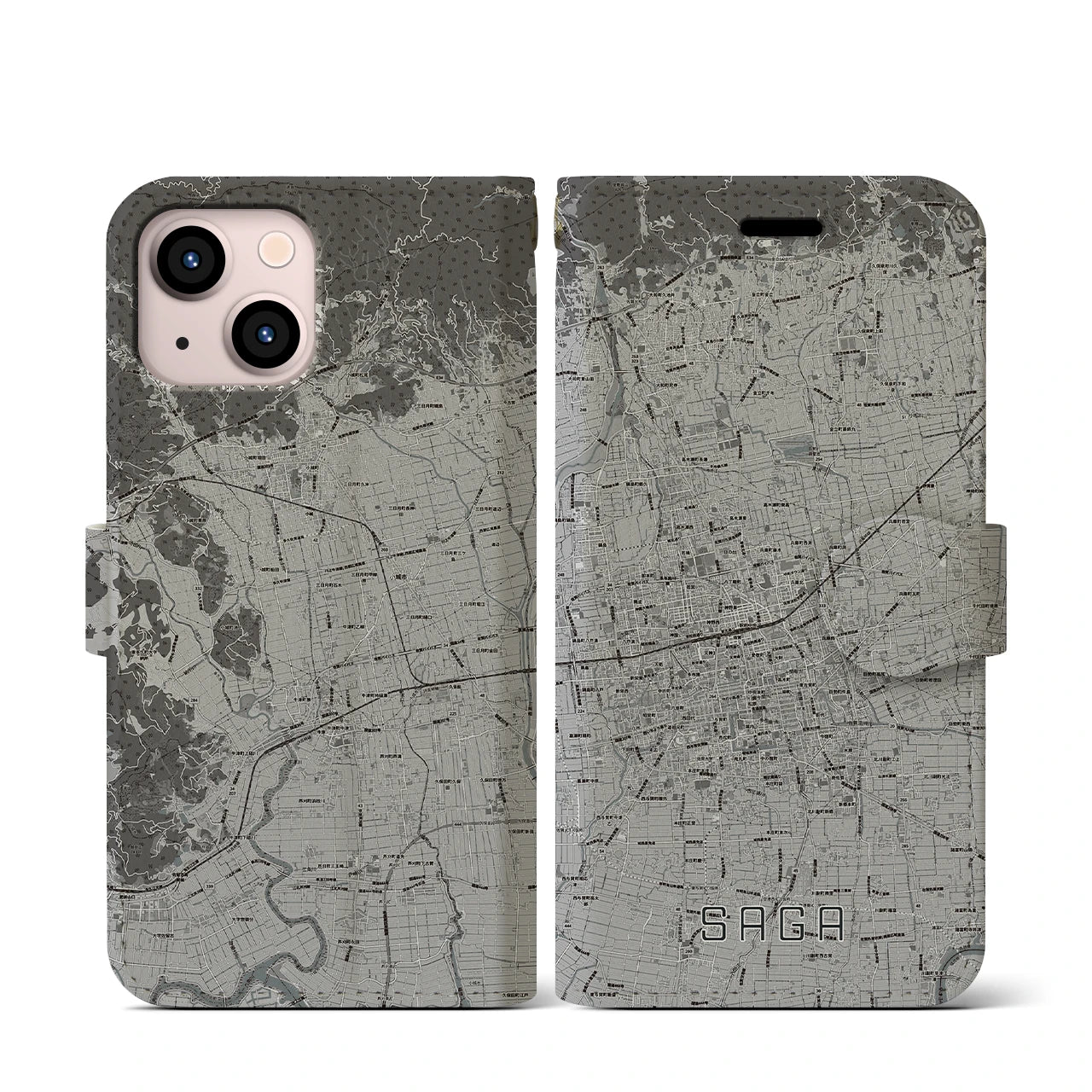 【佐賀2(佐賀県)】地図柄iPhoneケース(手帳タイプ)モノトーン・iPhone 13 mini 用