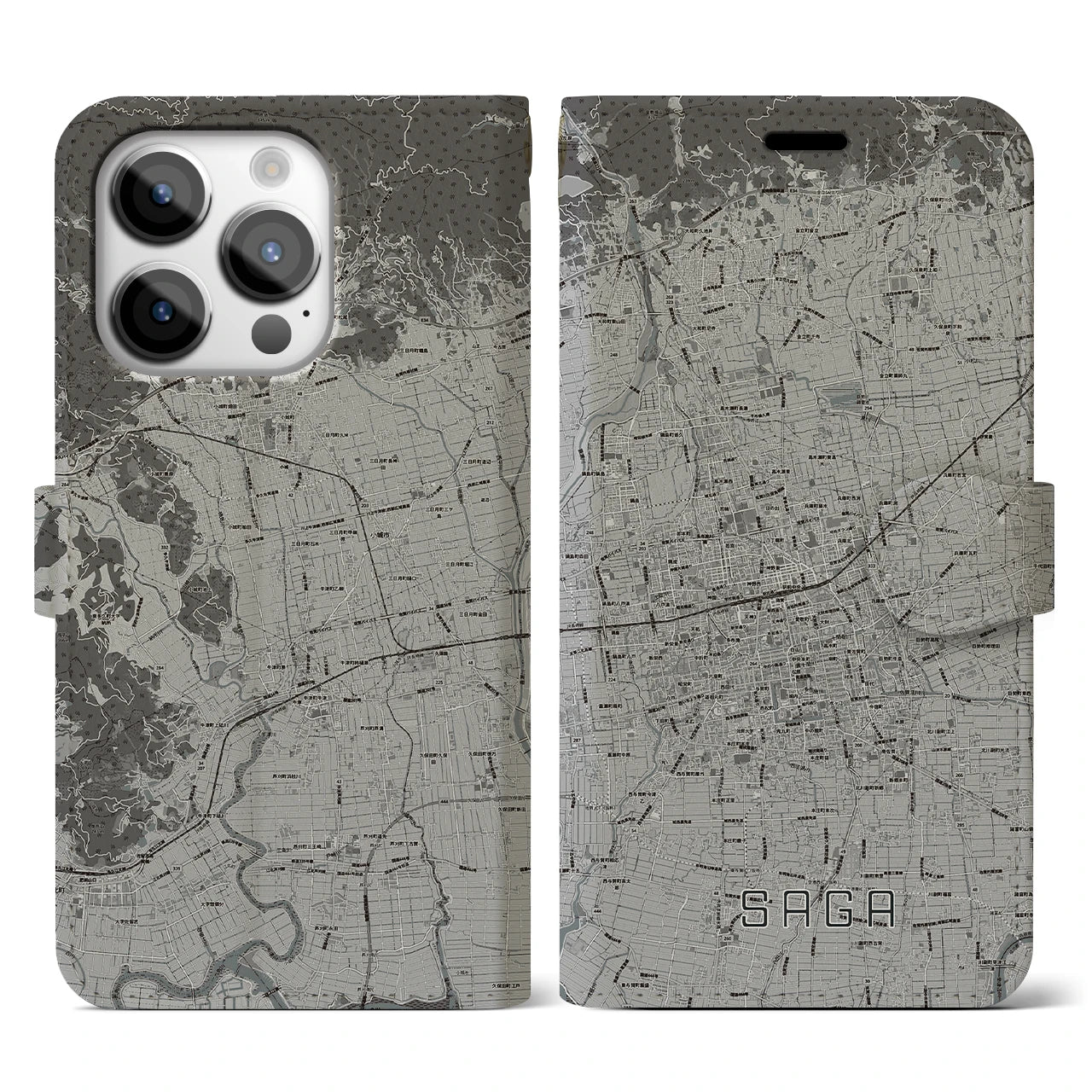 【佐賀2(佐賀県)】地図柄iPhoneケース(手帳タイプ)モノトーン・iPhone 14 Pro 用