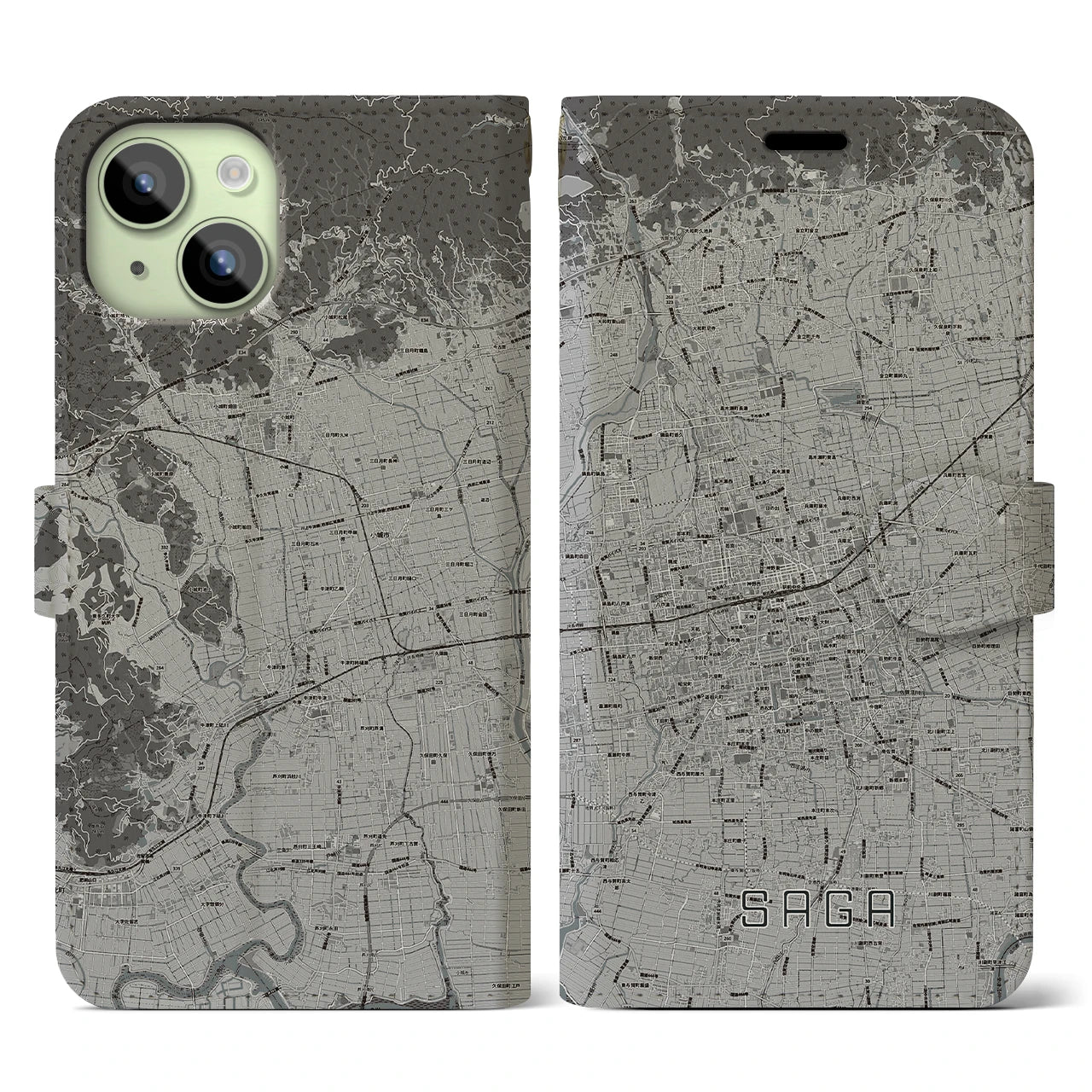 【佐賀2(佐賀県)】地図柄iPhoneケース(手帳タイプ)モノトーン・iPhone 15 用