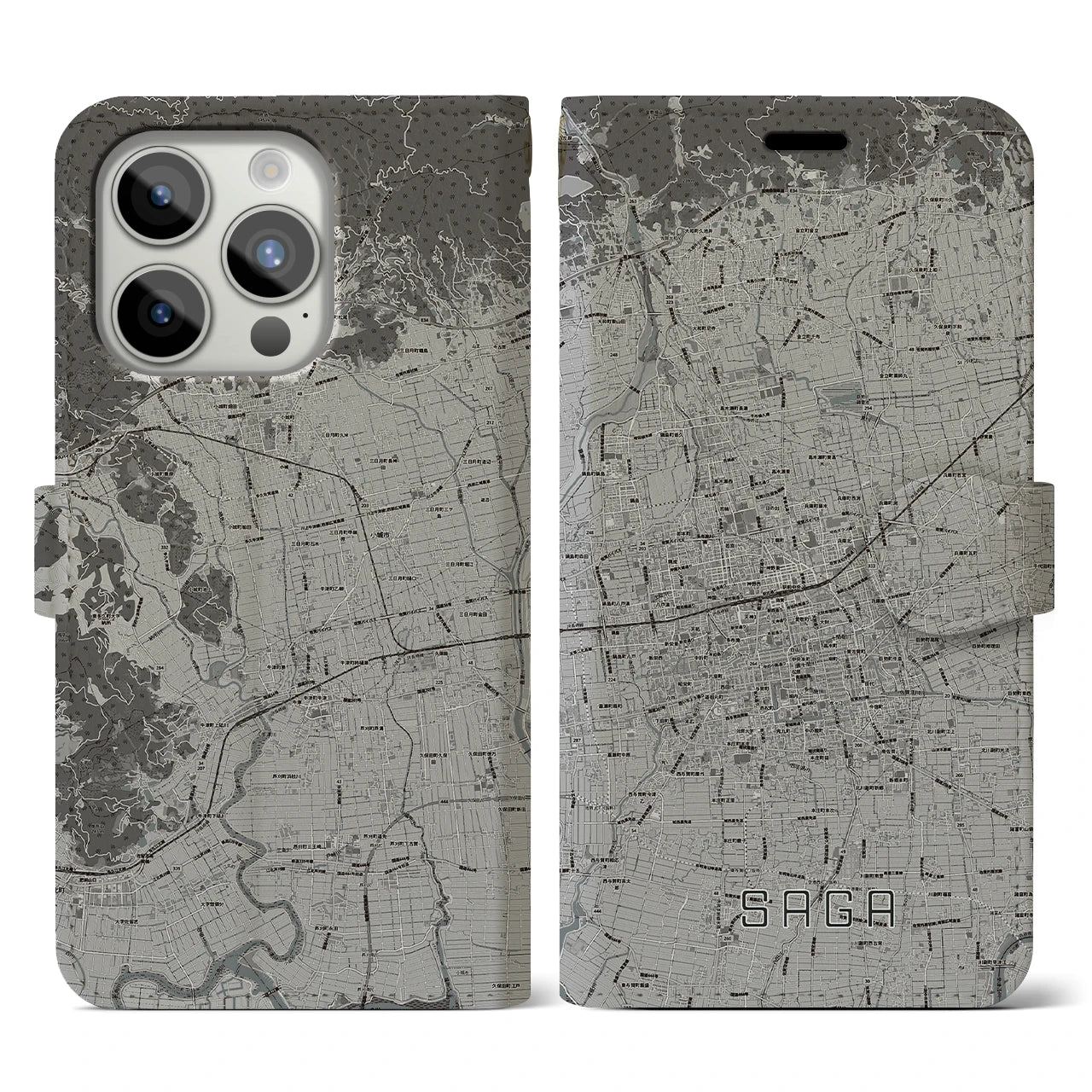 【佐賀2(佐賀県)】地図柄iPhoneケース(手帳タイプ)モノトーン・iPhone 15 Pro 用