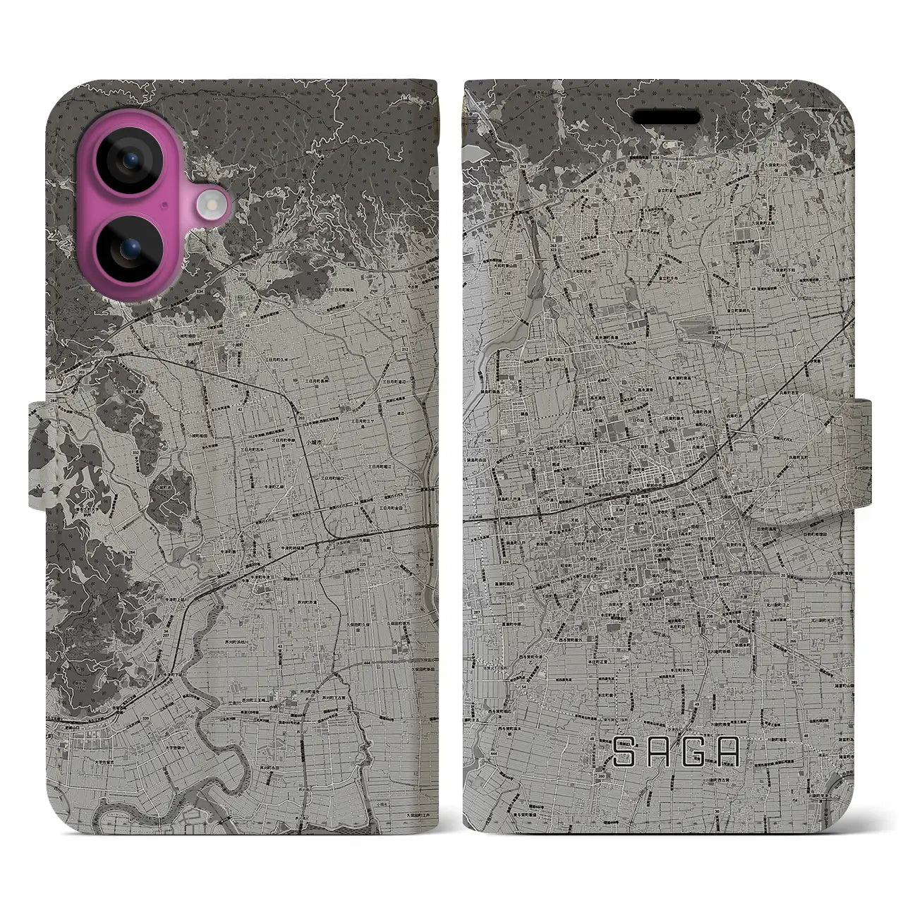 【佐賀2(佐賀県)】地図柄iPhoneケース(手帳タイプ)モノトーン・iPhone 16 Pro 用