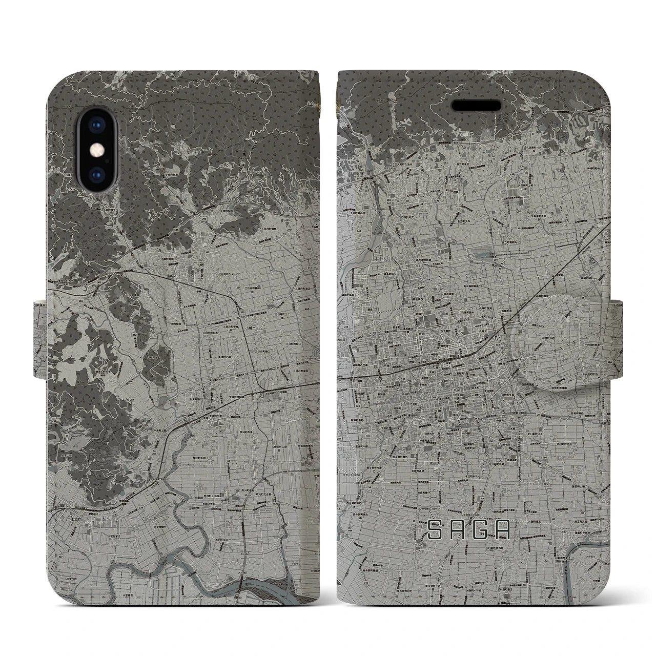 【佐賀2(佐賀県)】地図柄iPhoneケース(手帳タイプ)モノトーン・iPhone XS / X 用