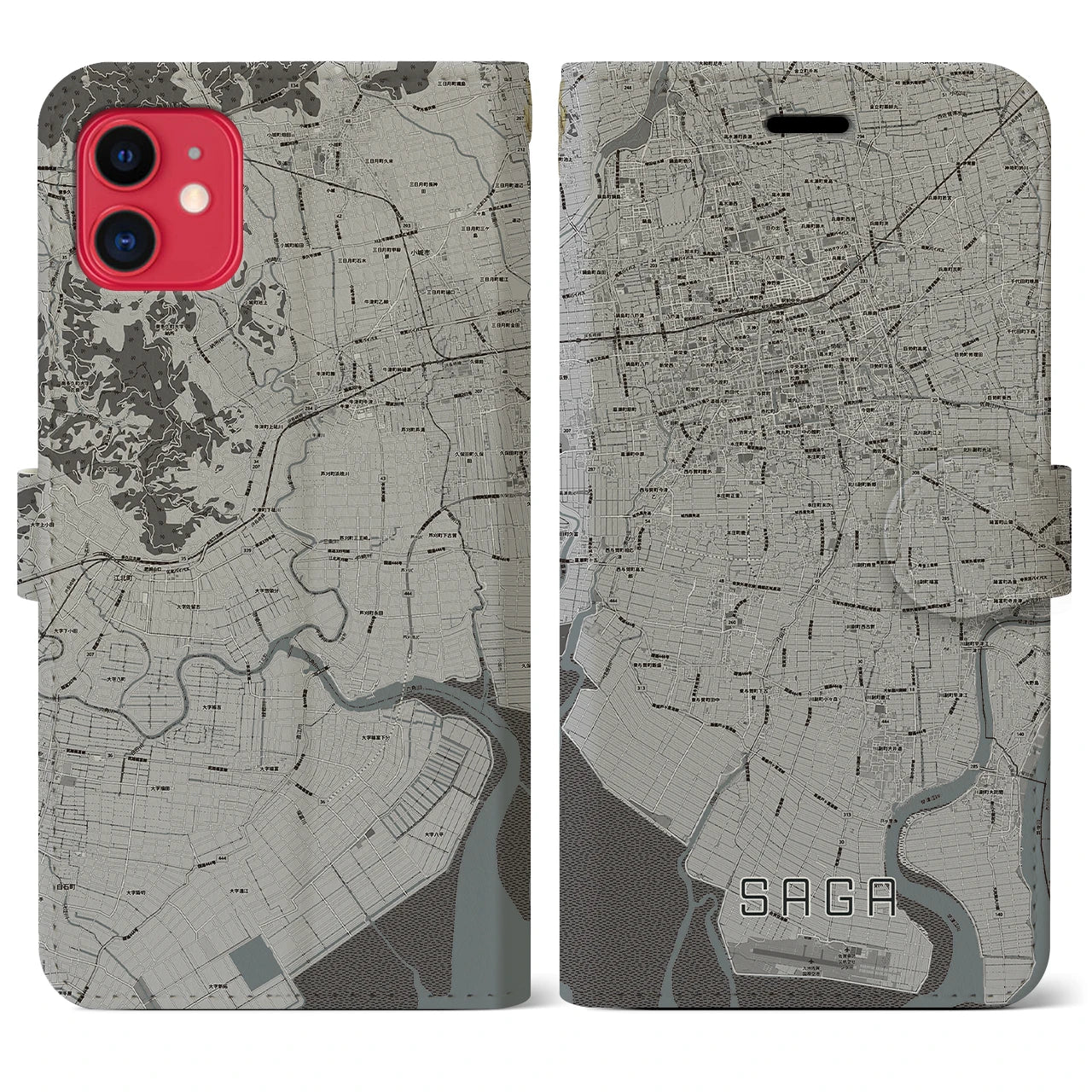 【佐賀(佐賀県)】地図柄iPhoneケース(手帳タイプ)モノトーン・iPhone 11 用