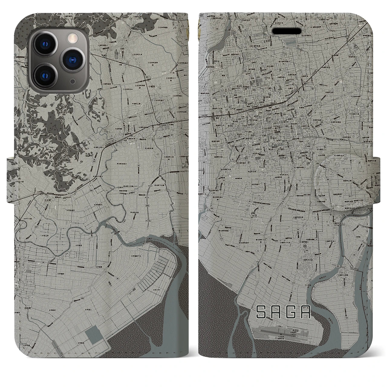 【佐賀(佐賀県)】地図柄iPhoneケース(手帳タイプ)モノトーン・iPhone 11 Pro Max 用
