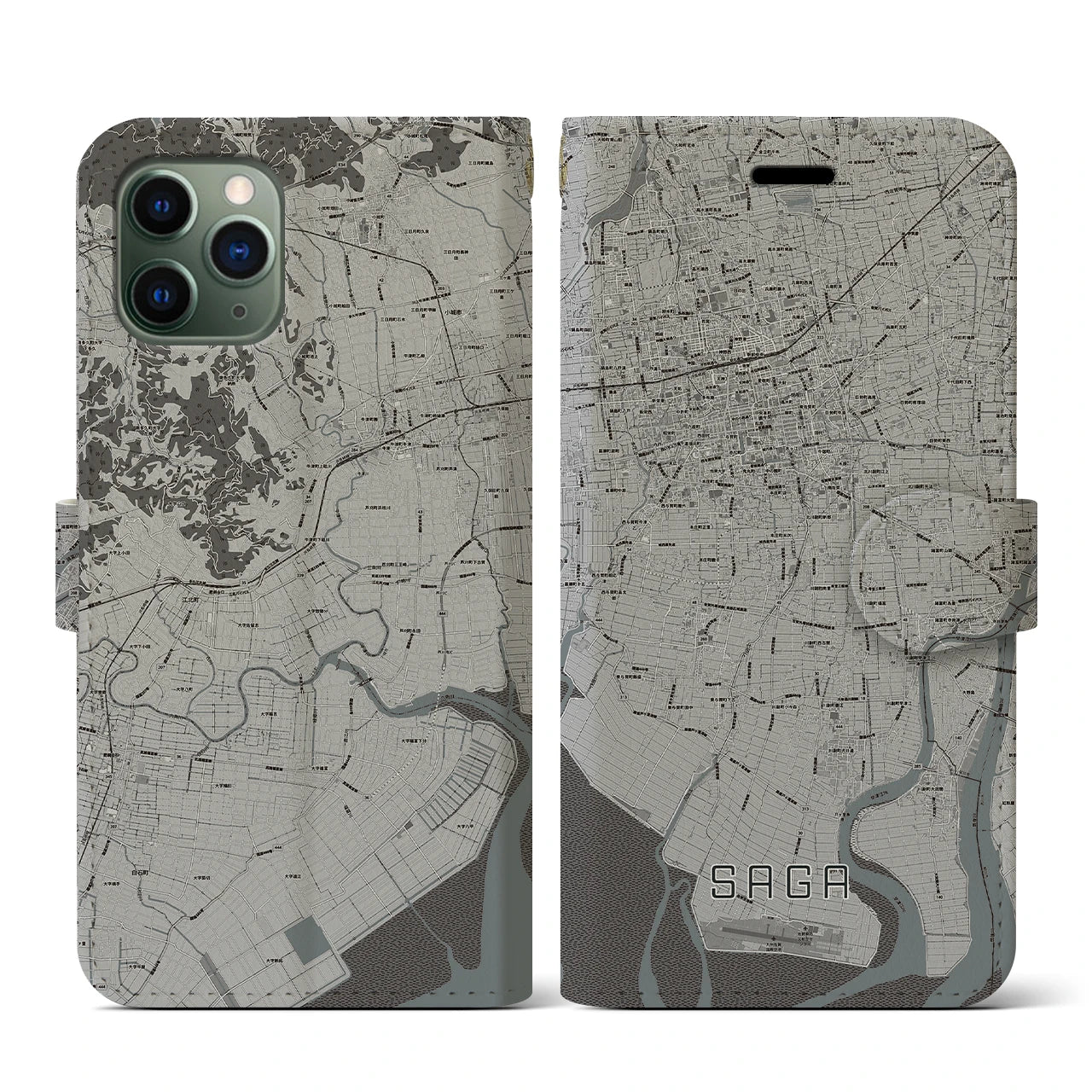 【佐賀(佐賀県)】地図柄iPhoneケース(手帳タイプ)モノトーン・iPhone 11 Pro 用