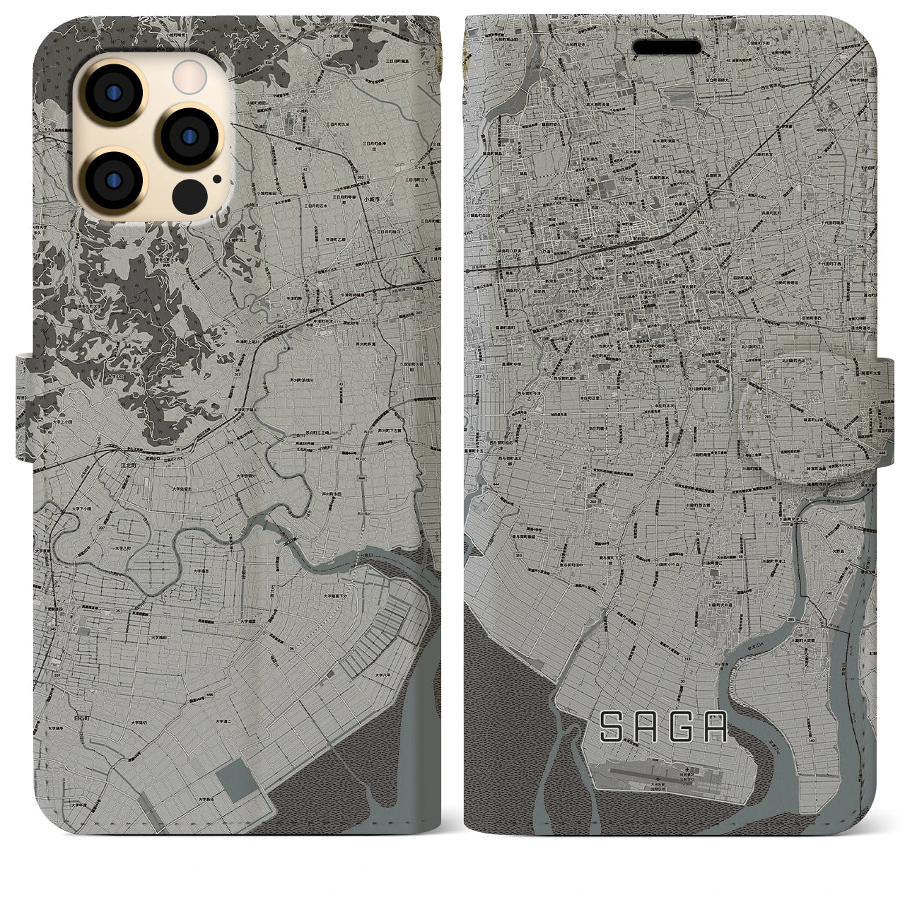 【佐賀(佐賀県)】地図柄iPhoneケース(手帳タイプ)モノトーン・iPhone 12 Pro Max 用