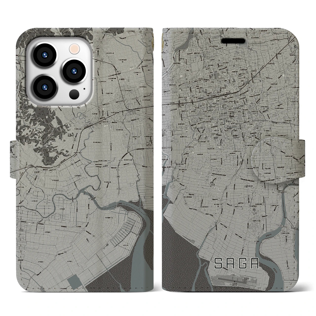 【佐賀(佐賀県)】地図柄iPhoneケース(手帳タイプ)モノトーン・iPhone 13 Pro 用