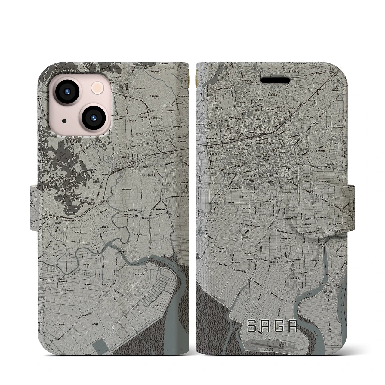 【佐賀(佐賀県)】地図柄iPhoneケース(手帳タイプ)モノトーン・iPhone 13 mini 用