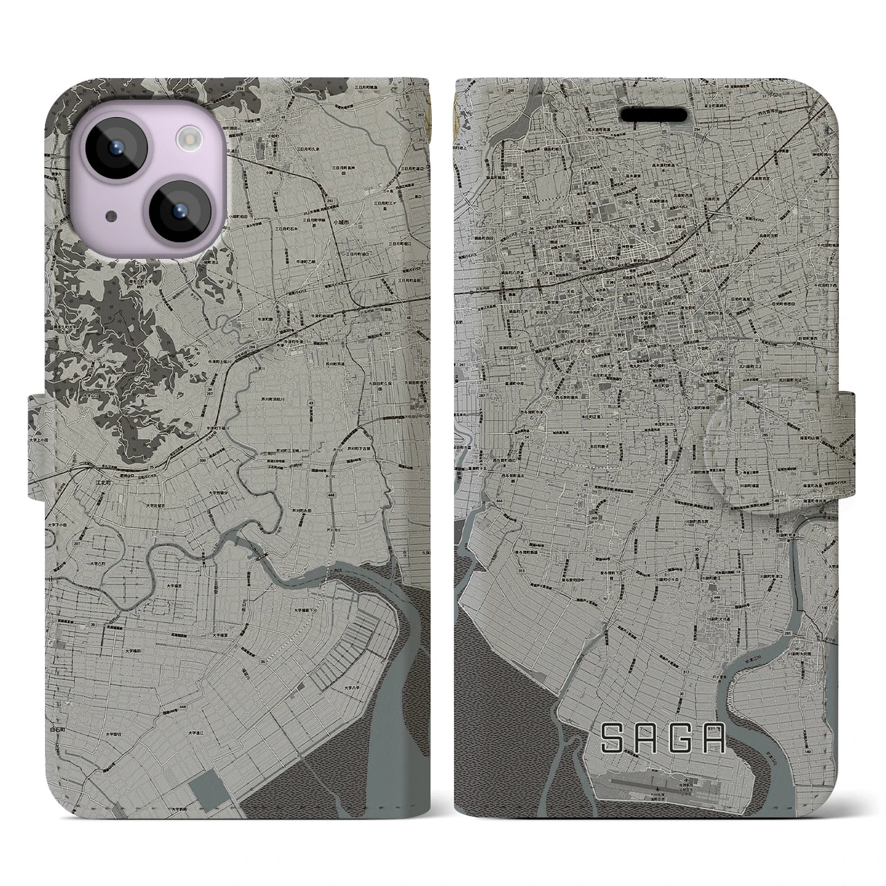 【佐賀(佐賀県)】地図柄iPhoneケース(手帳タイプ)モノトーン・iPhone 14 用