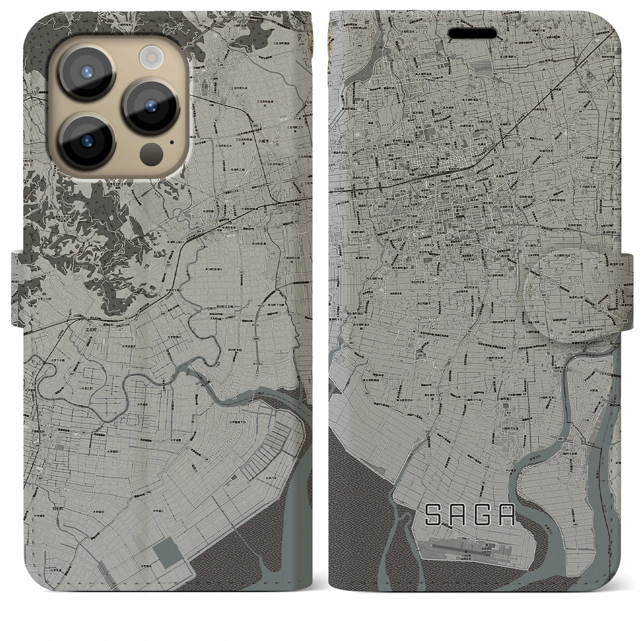 【佐賀(佐賀県)】地図柄iPhoneケース(手帳タイプ)モノトーン・iPhone 14 Pro Max 用