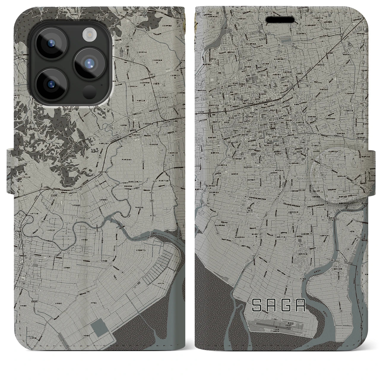 【佐賀(佐賀県)】地図柄iPhoneケース(手帳タイプ)モノトーン・iPhone 15 Pro Max 用