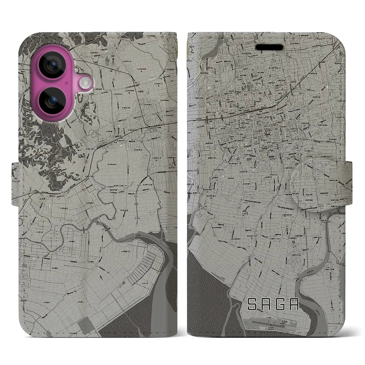 【佐賀(佐賀県)】地図柄iPhoneケース(手帳タイプ)モノトーン・iPhone 16 Pro 用