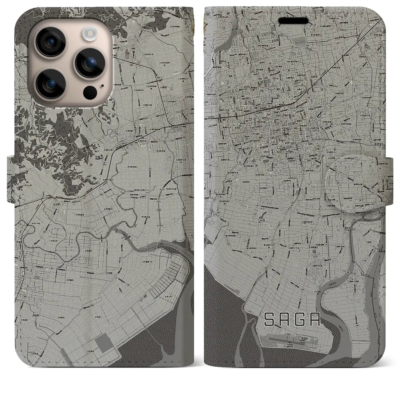 【佐賀(佐賀県)】地図柄iPhoneケース(手帳タイプ)モノトーン・iPhone 16 Plus 用