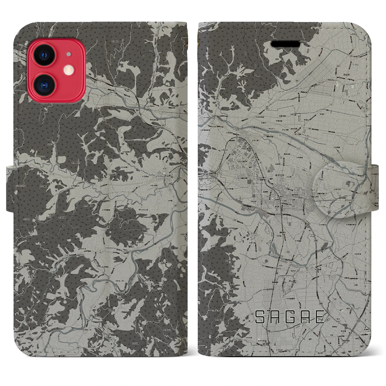 【寒河江(山形県)】地図柄iPhoneケース(手帳タイプ)モノトーン・iPhone 11 用