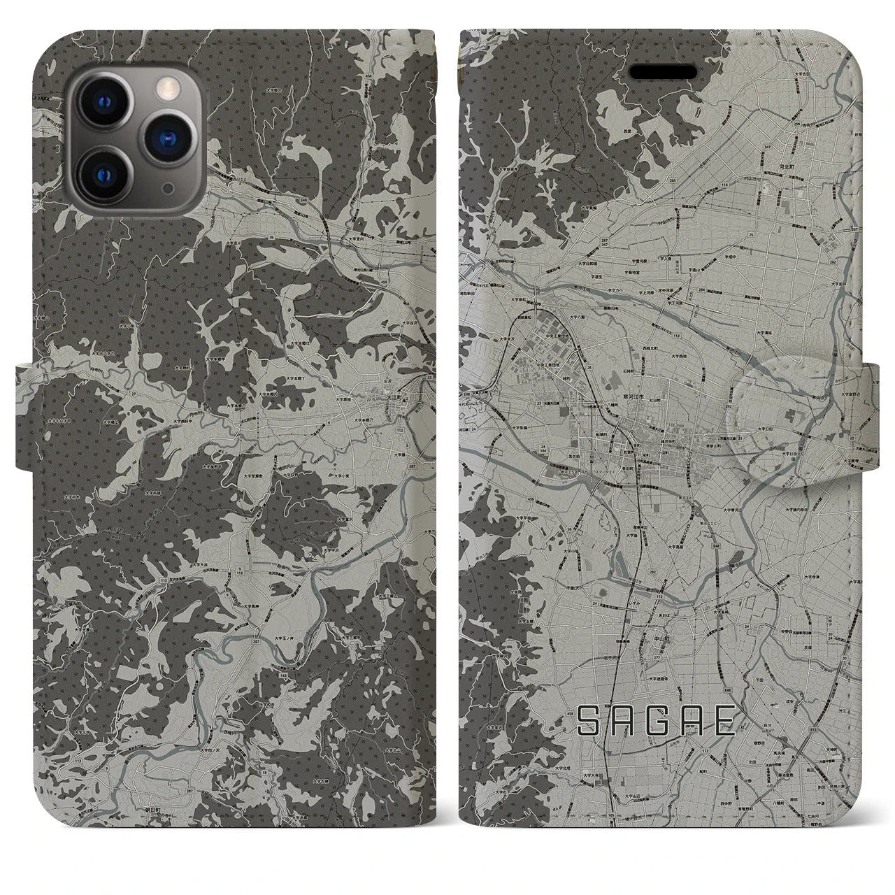 【寒河江(山形県)】地図柄iPhoneケース(手帳タイプ)モノトーン・iPhone 11 Pro Max 用