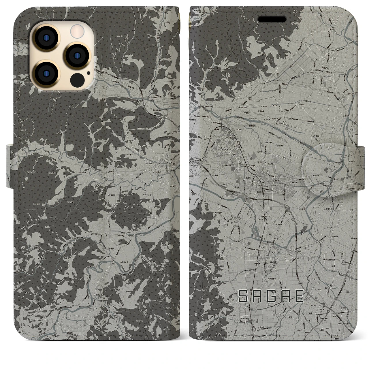 【寒河江(山形県)】地図柄iPhoneケース(手帳タイプ)モノトーン・iPhone 12 Pro Max 用