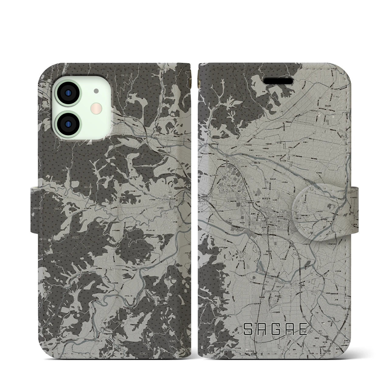 【寒河江(山形県)】地図柄iPhoneケース(手帳タイプ)モノトーン・iPhone 12 mini 用