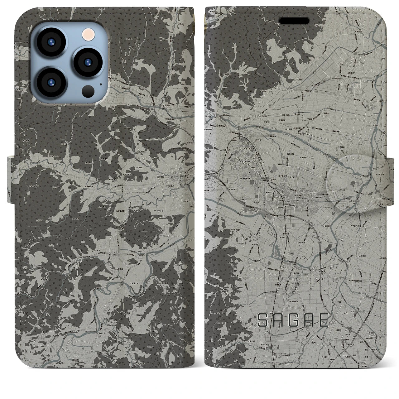 【寒河江(山形県)】地図柄iPhoneケース(手帳タイプ)モノトーン・iPhone 13 Pro Max 用