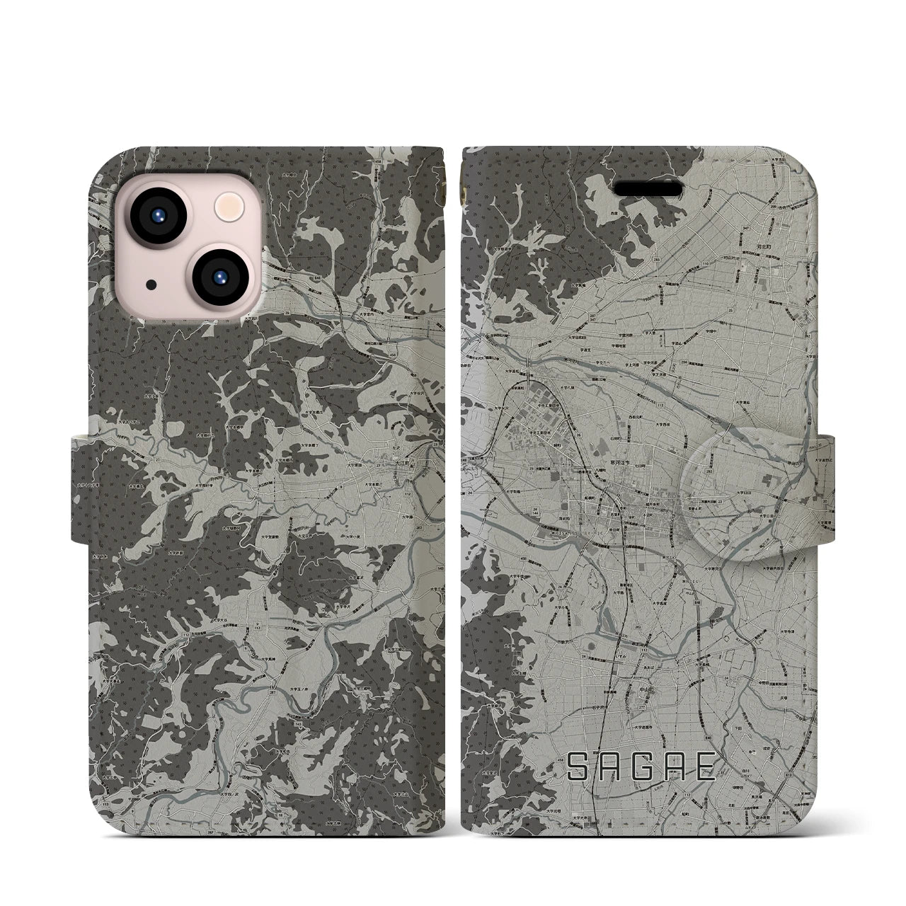 【寒河江(山形県)】地図柄iPhoneケース(手帳タイプ)モノトーン・iPhone 13 mini 用