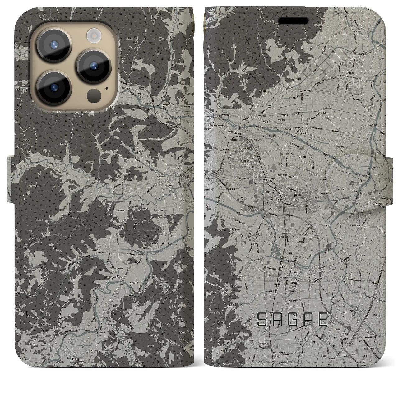 【寒河江(山形県)】地図柄iPhoneケース(手帳タイプ)モノトーン・iPhone 14 Pro Max 用