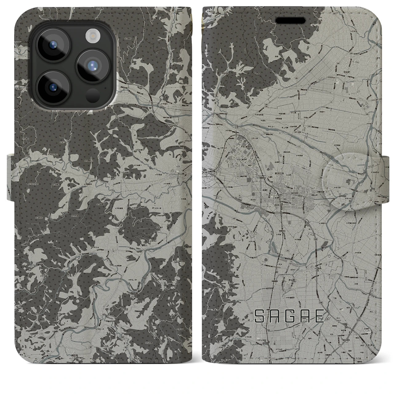 【寒河江(山形県)】地図柄iPhoneケース(手帳タイプ)モノトーン・iPhone 15 Pro Max 用