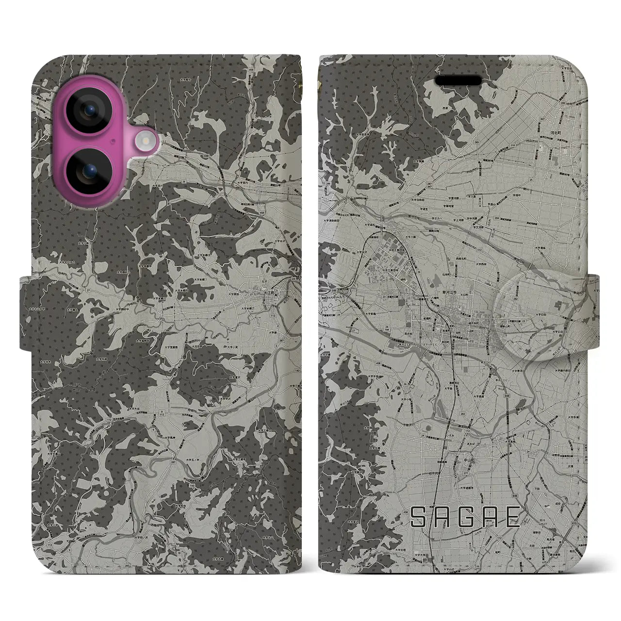 【寒河江(山形県)】地図柄iPhoneケース(手帳タイプ)モノトーン・iPhone 16 Pro 用