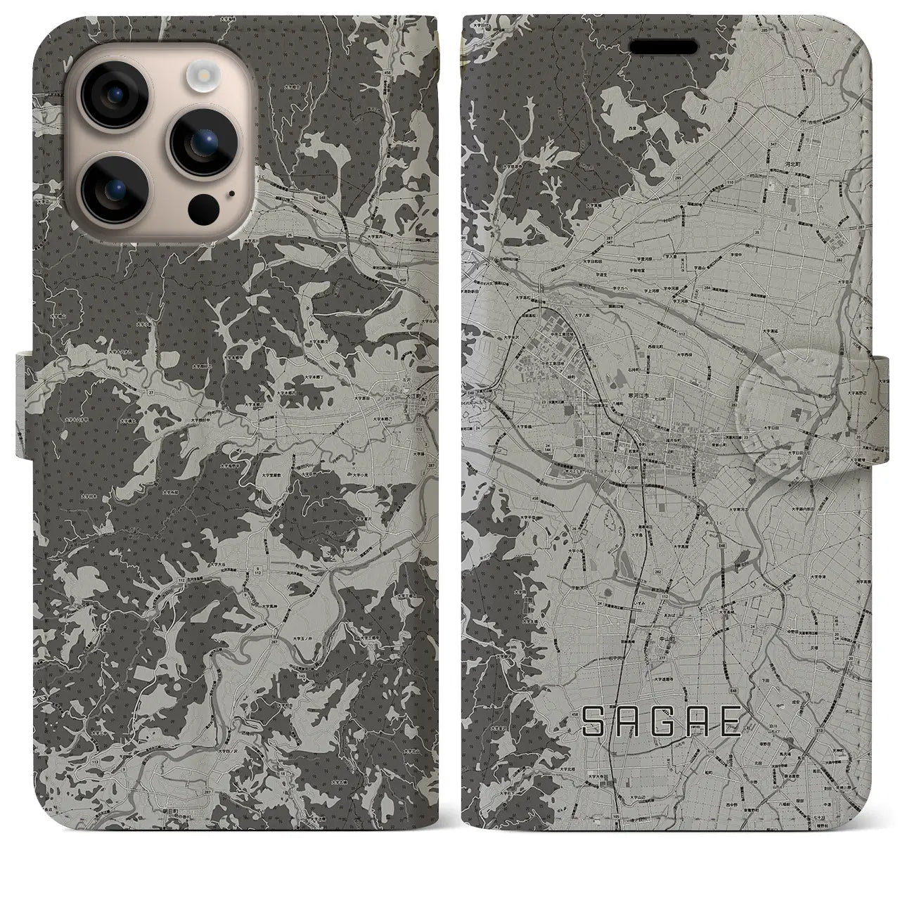 【寒河江(山形県)】地図柄iPhoneケース(手帳タイプ)モノトーン・iPhone 16 Plus 用