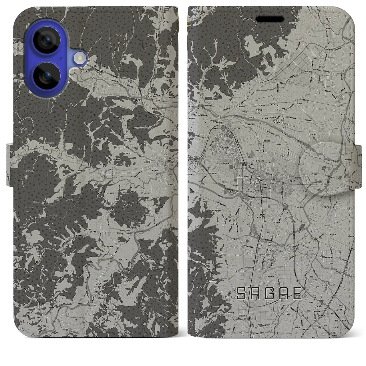【寒河江(山形県)】地図柄iPhoneケース(手帳タイプ)モノトーン・iPhone 16 Pro Max 用