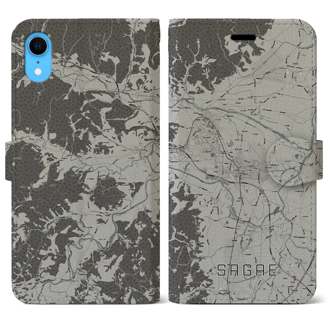 【寒河江(山形県)】地図柄iPhoneケース(手帳タイプ)モノトーン・iPhone XR 用