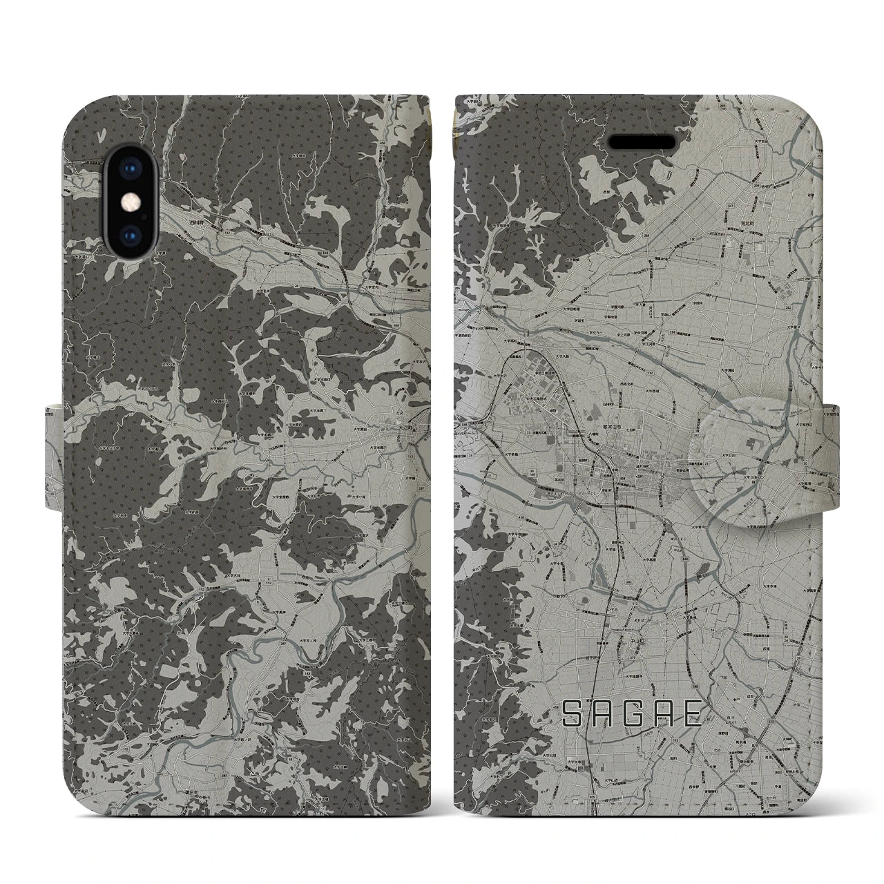 【寒河江(山形県)】地図柄iPhoneケース(手帳タイプ)モノトーン・iPhone XS / X 用