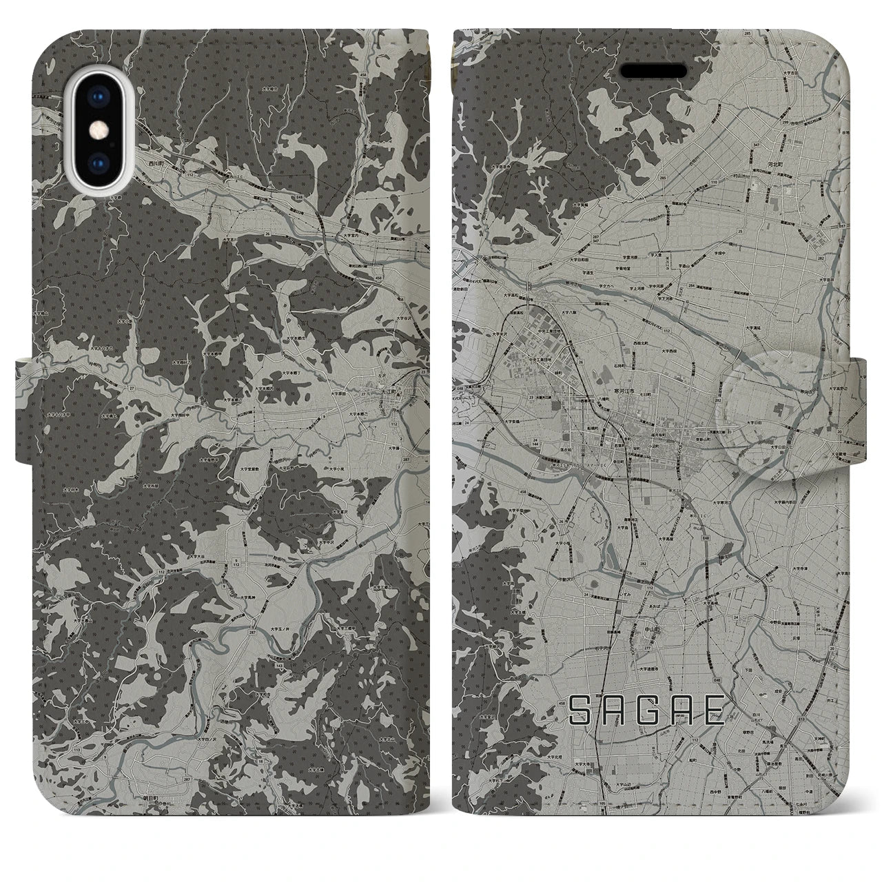 【寒河江(山形県)】地図柄iPhoneケース(手帳タイプ)モノトーン・iPhone XS Max 用