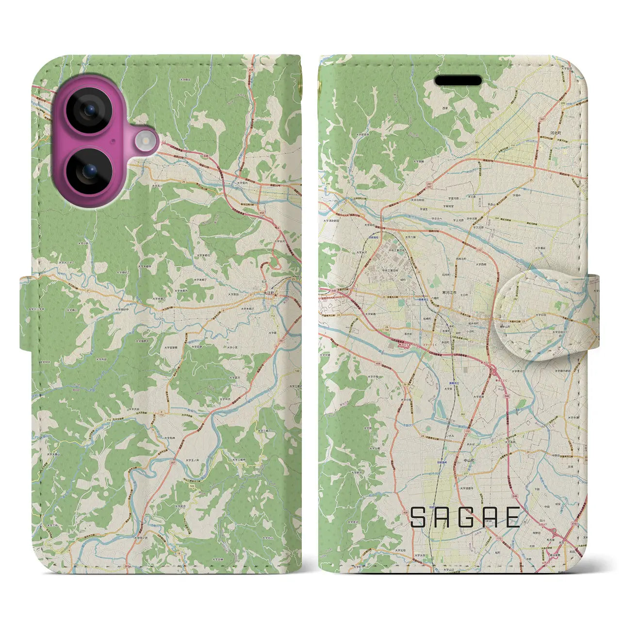 【寒河江(山形県)】地図柄iPhoneケース(手帳タイプ)ナチュラル・iPhone 16 Pro 用