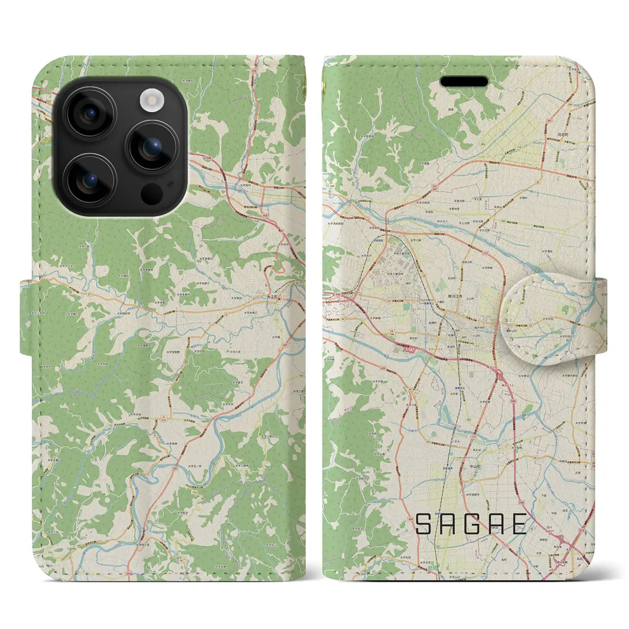 【寒河江(山形県)】地図柄iPhoneケース(手帳タイプ)ナチュラル・iPhone 16 用