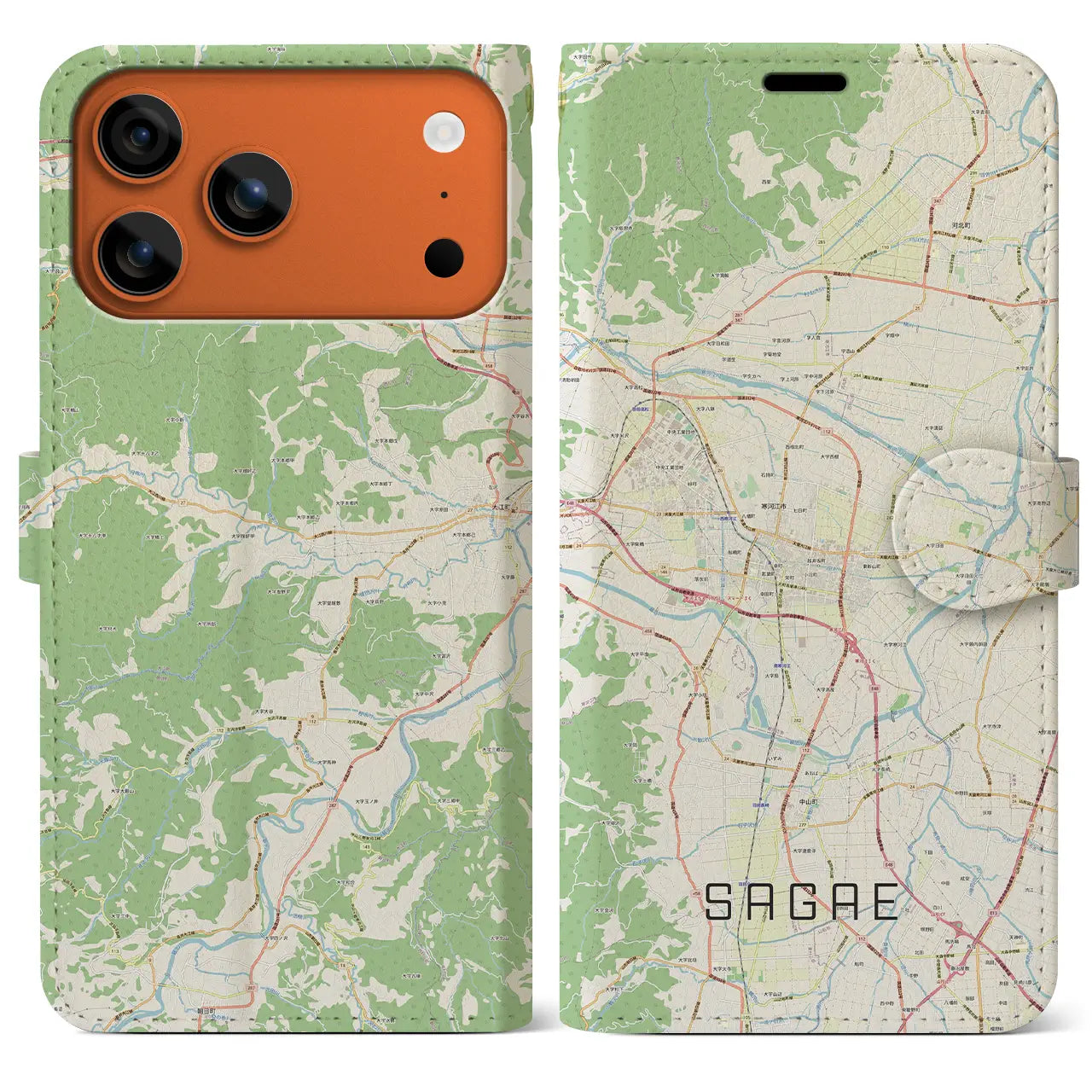 【寒河江(山形県)】地図柄iPhoneケース(手帳タイプ)モノトーン・iPhone 17 Pro Max 用