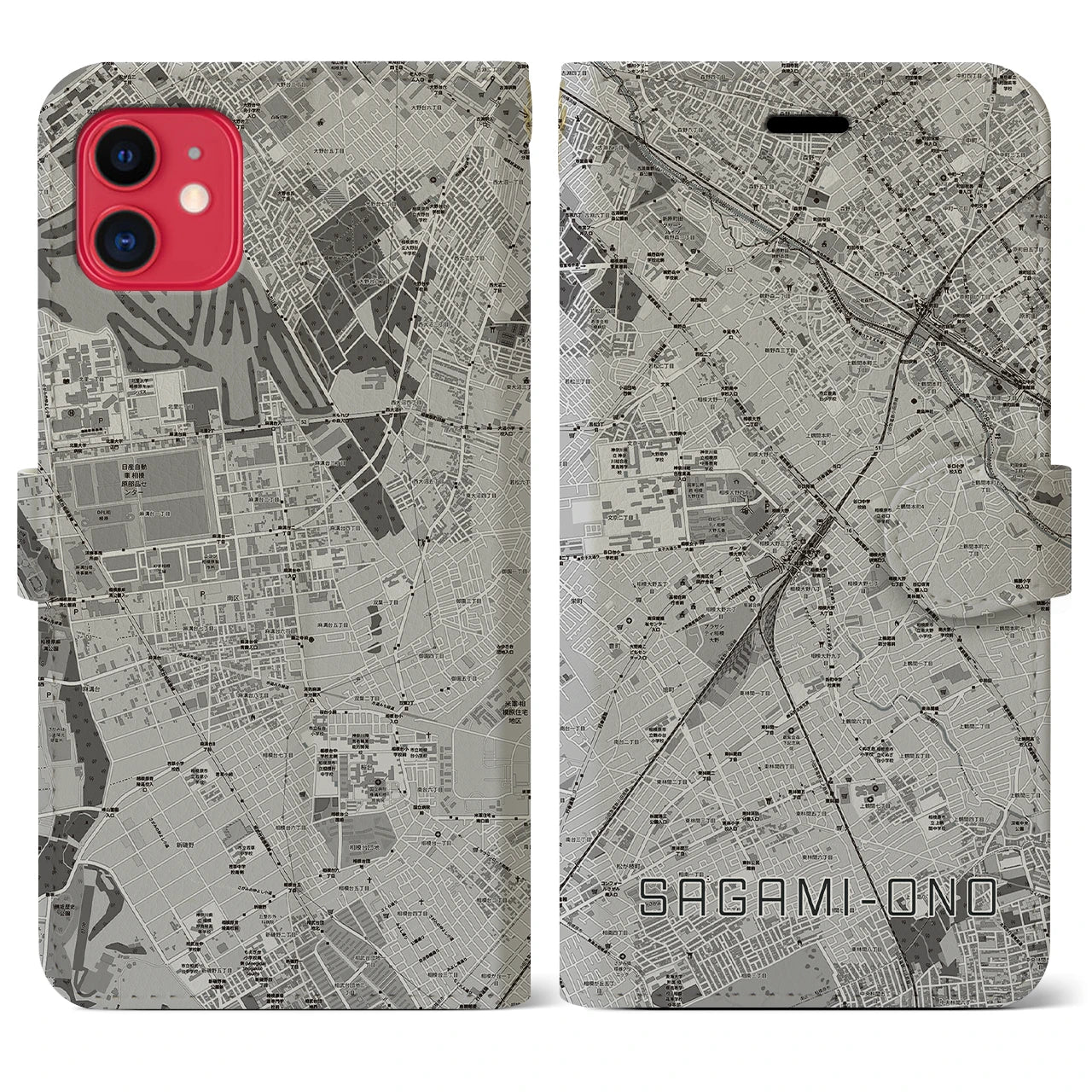【相模大野(神奈川県)】地図柄iPhoneケース(手帳タイプ)モノトーン・iPhone 11 用