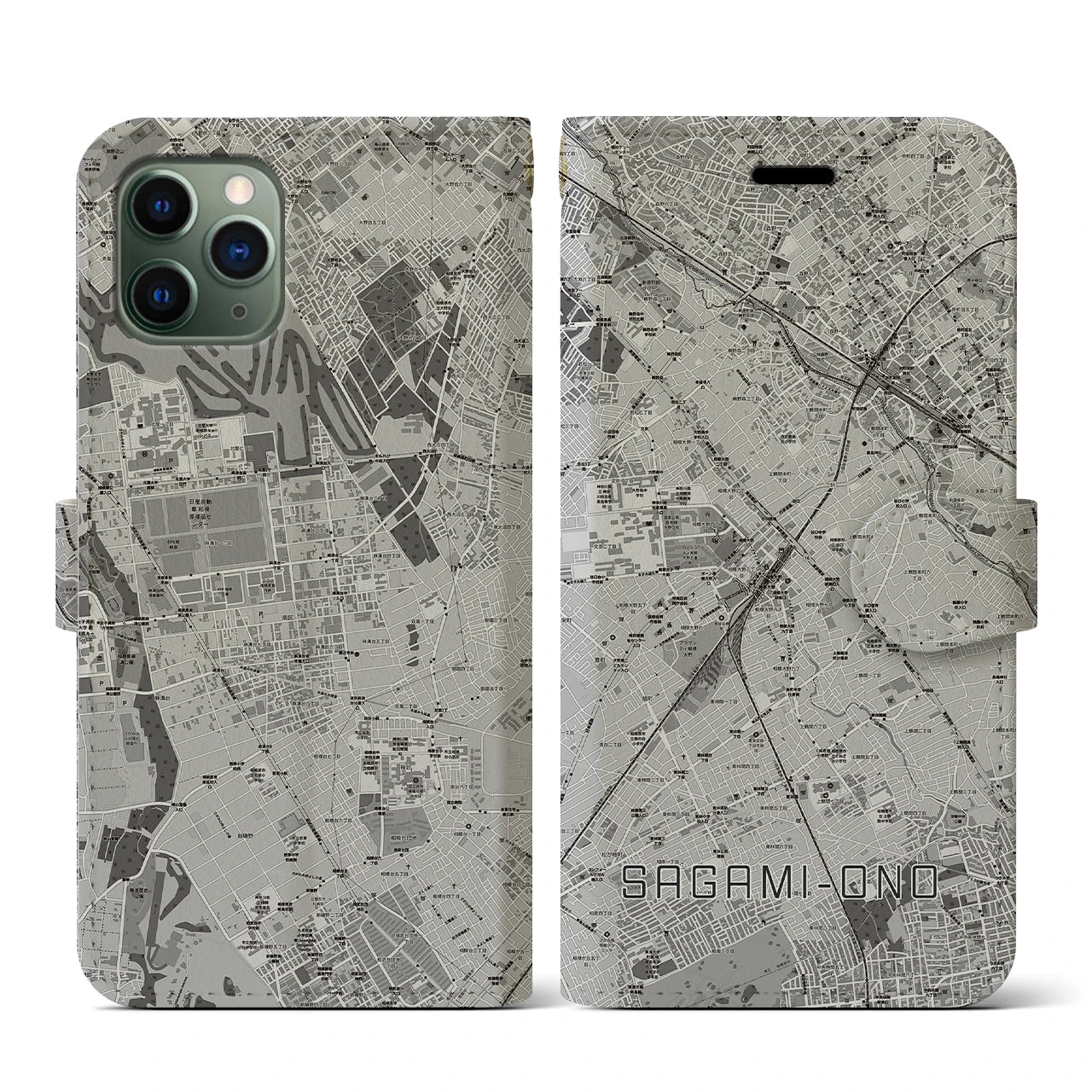 【相模大野(神奈川県)】地図柄iPhoneケース(手帳タイプ)モノトーン・iPhone 11 Pro 用