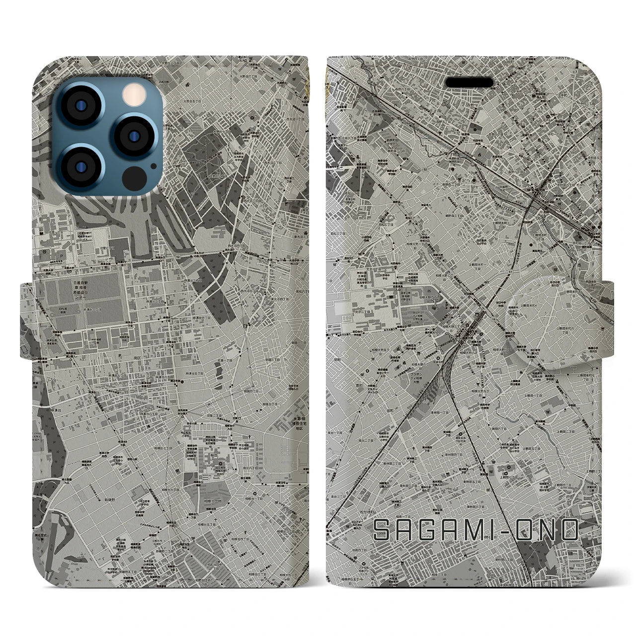 【相模大野(神奈川県)】地図柄iPhoneケース(手帳タイプ)モノトーン・iPhone 12 / 12 Pro 用
