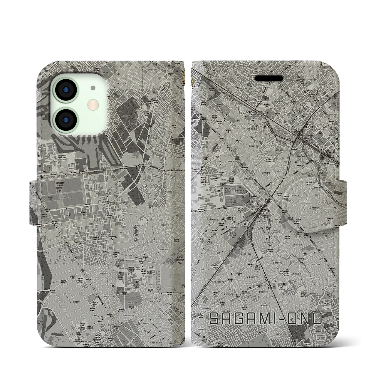 【相模大野(神奈川県)】地図柄iPhoneケース(手帳タイプ)モノトーン・iPhone 12 mini 用