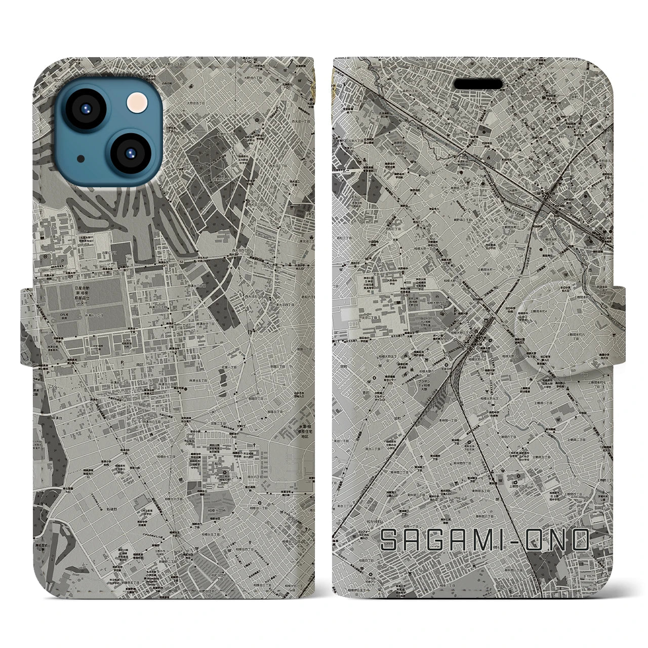【相模大野(神奈川県)】地図柄iPhoneケース(手帳タイプ)モノトーン・iPhone 13 用