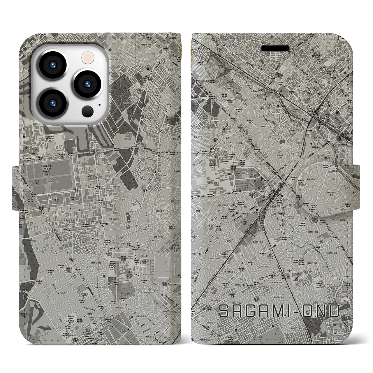 【相模大野(神奈川県)】地図柄iPhoneケース(手帳タイプ)モノトーン・iPhone 13 Pro 用