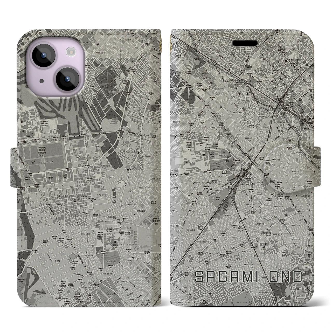 【相模大野(神奈川県)】地図柄iPhoneケース(手帳タイプ)モノトーン・iPhone 14 用