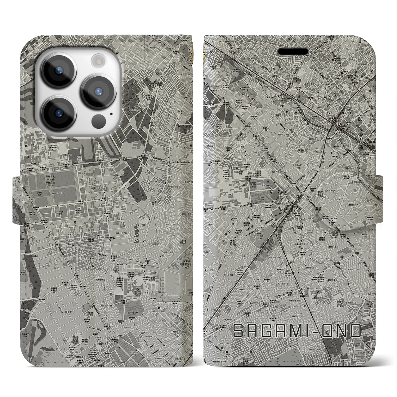 【相模大野(神奈川県)】地図柄iPhoneケース(手帳タイプ)モノトーン・iPhone 14 Pro 用