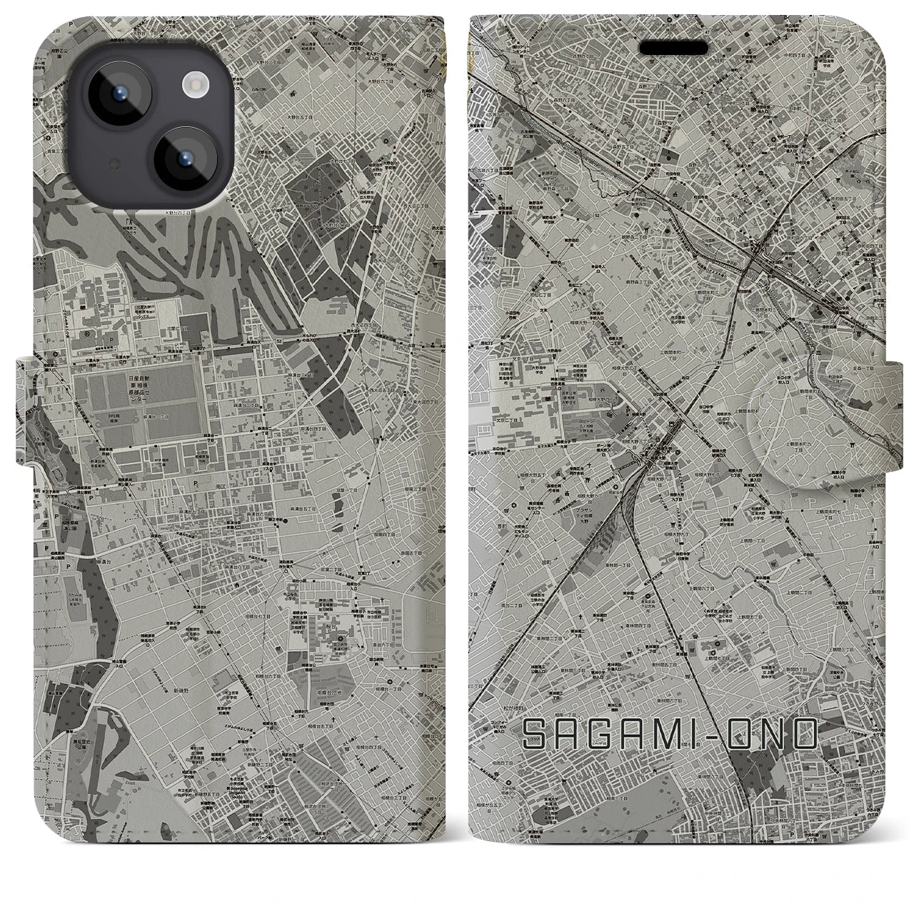 【相模大野(神奈川県)】地図柄iPhoneケース(手帳タイプ)モノトーン・iPhone 14 Plus 用